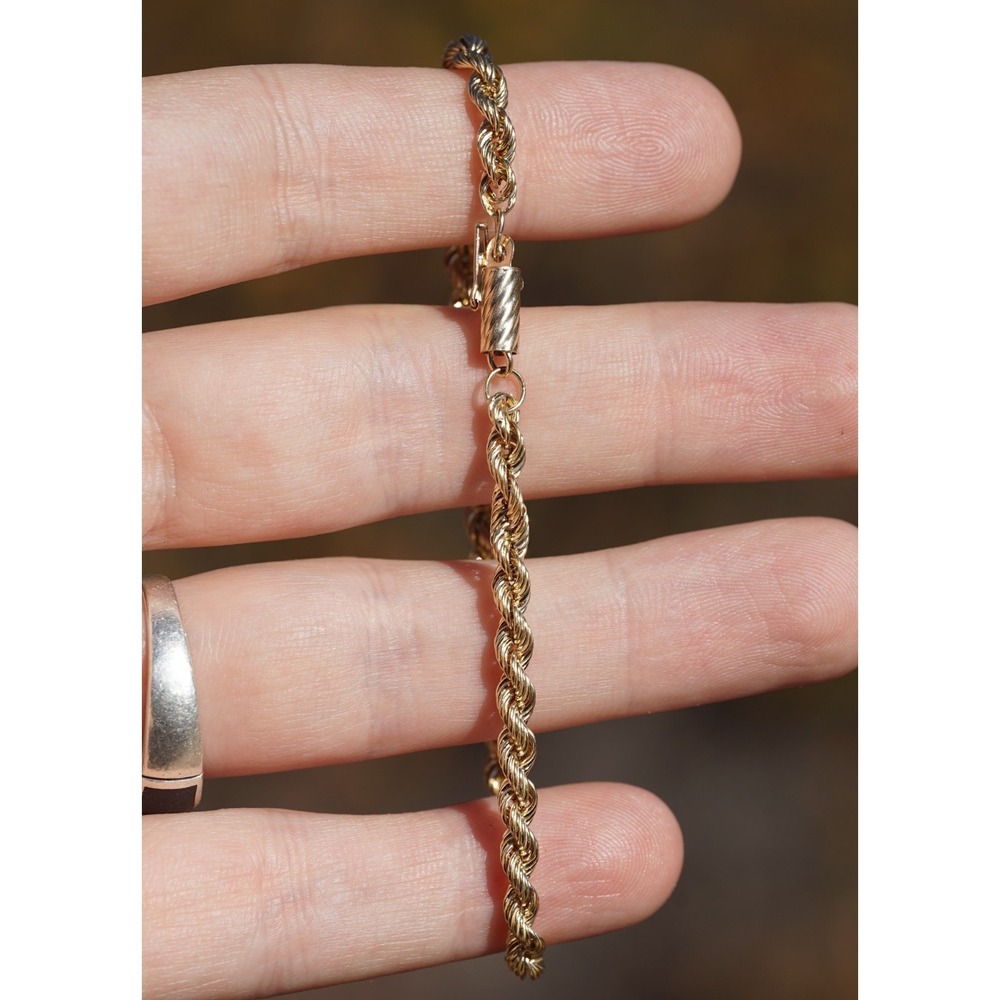 Vintage 14K Solid Yellow Gold Rope Chain Bracelet 7 3/8" 4mm Twisted Link